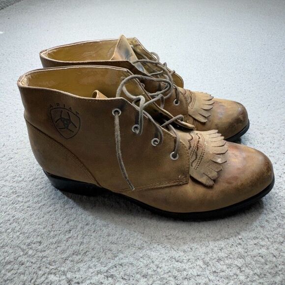 Ariat Boots Womens 8.5 Tan Ankle Leather Kiltie Western Lace Up Roper Cowgirl - Picture 1 of 16